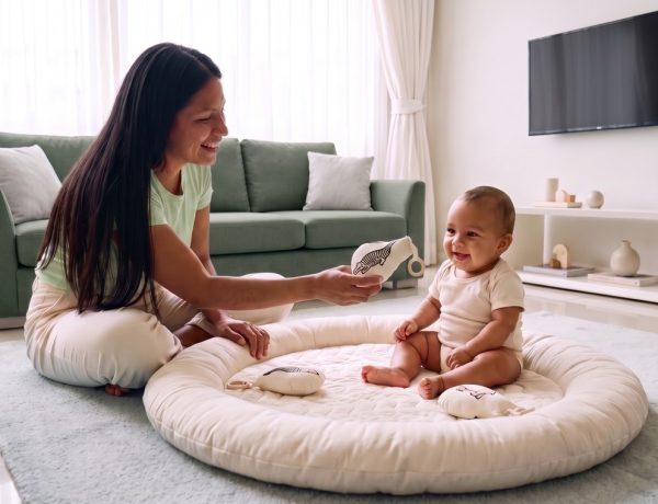 Mãe e bebê brincam juntos no chão em vez de bebê e tempo de tela
