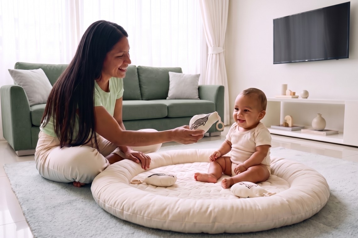 Mãe e bebê brincam juntos no chão em vez de bebê e tempo de tela