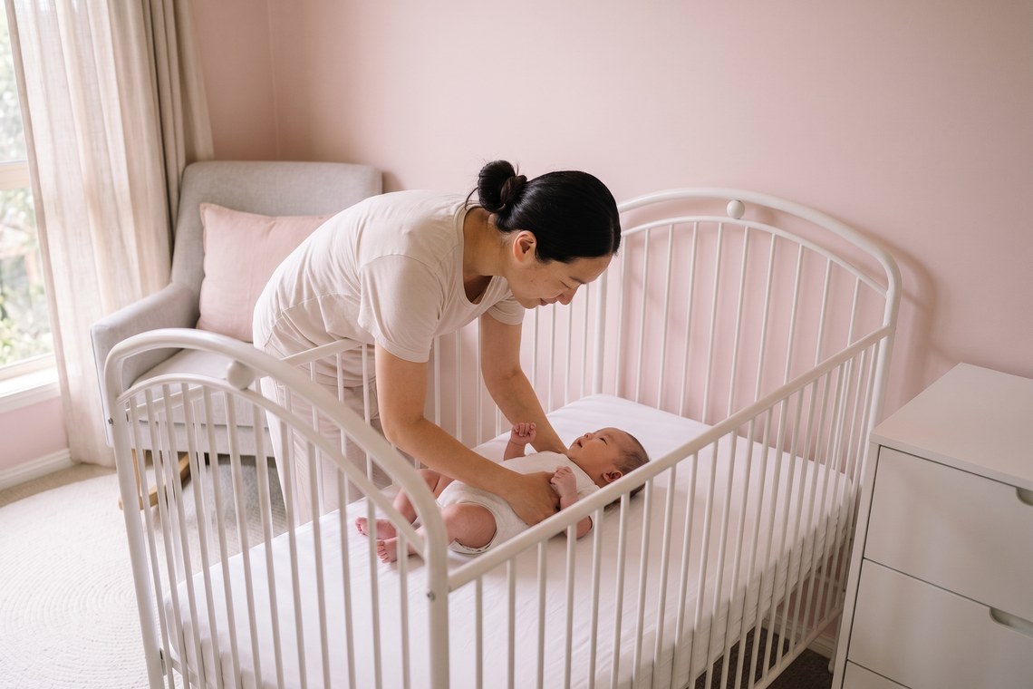 Berço ou moisés: qual escolher para o bebê Bebê deitado de costas no berço, com colchão firme e sem objetos soltos