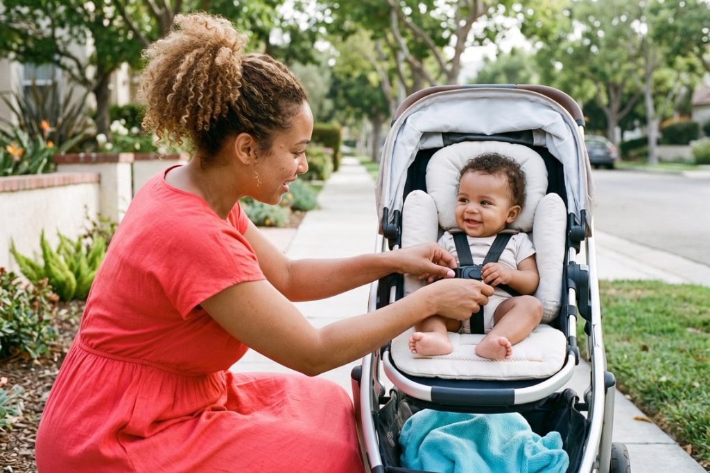 Mãe confere o cinto de segurança do carrinho de bebê antes do passeio