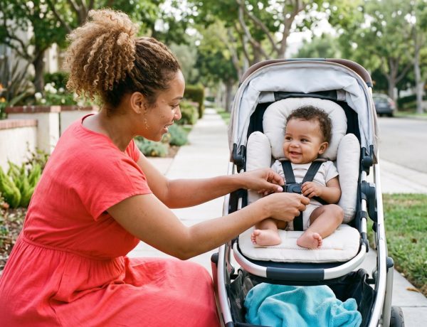 Mãe confere o cinto de segurança do carrinho de bebê antes do passeio