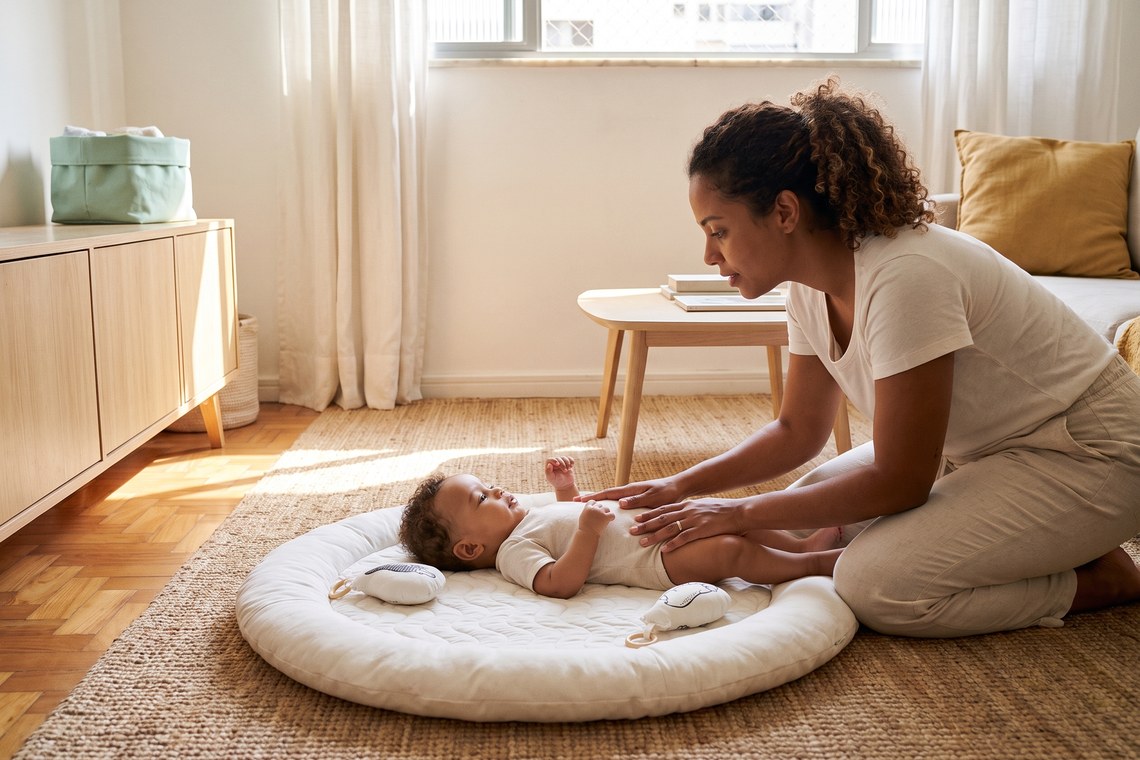 Constipação do bebê: por que acontece e o que ajuda Mãe faz massagem na barriga do bebê para aliviar o desconforto