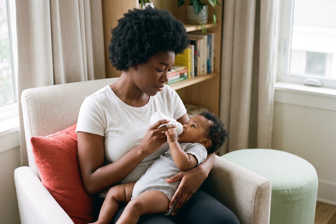 Mãe alimenta o bebê de mamadeira em ambiente doméstico tranquilo