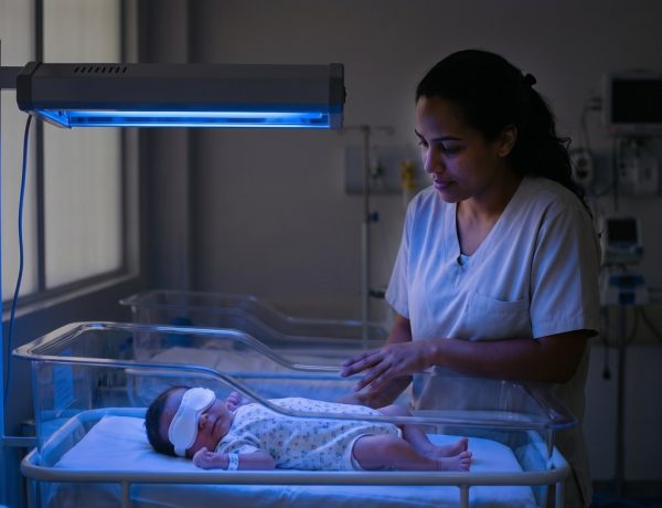 Mãe observa a pele do recém-nascido perto da janela, cuidado com a icterícia no recém-nascido