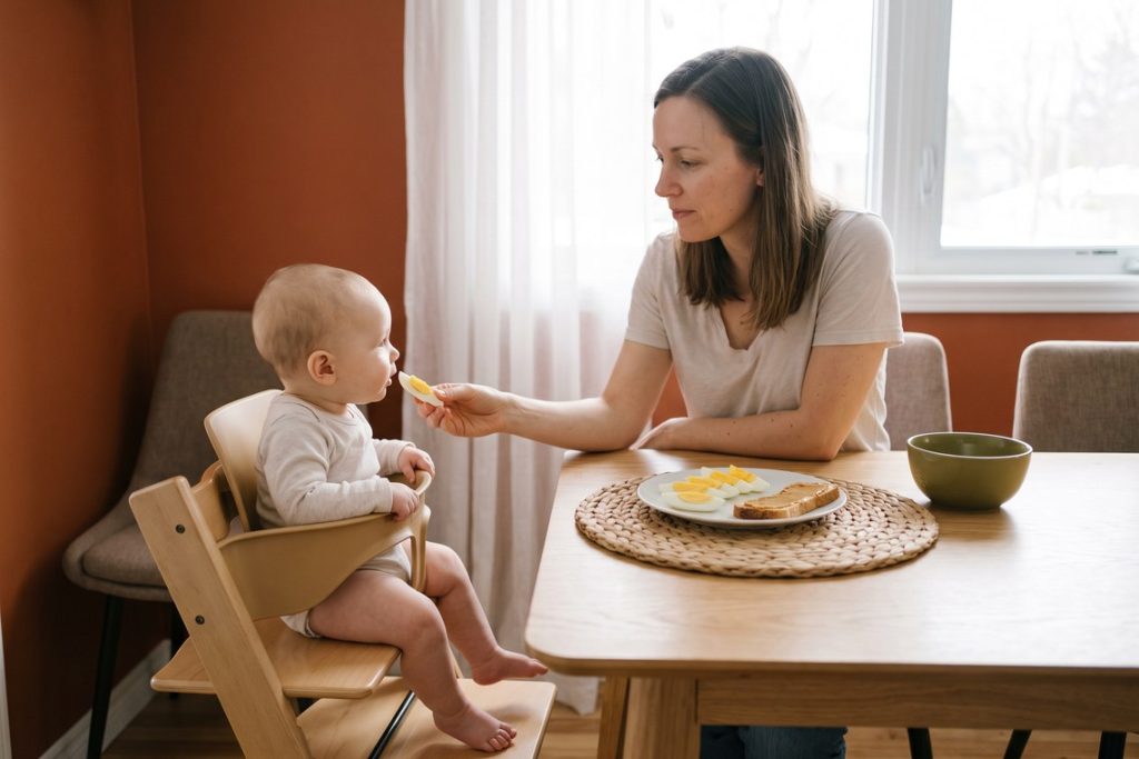 Bebê durante a introdução de alergênicos do bebê na alimentação