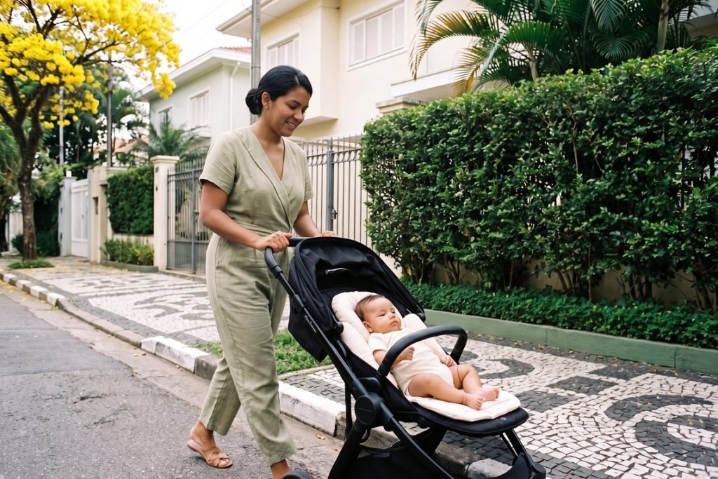Mãe ajusta o bebê no carrinho usando o redutor para carrinho de bebê durante o passeio