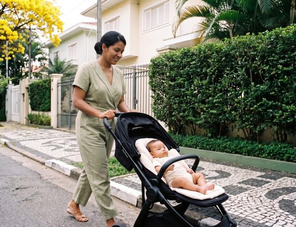 Mãe ajusta o bebê no carrinho usando o redutor para carrinho de bebê durante o passeio
