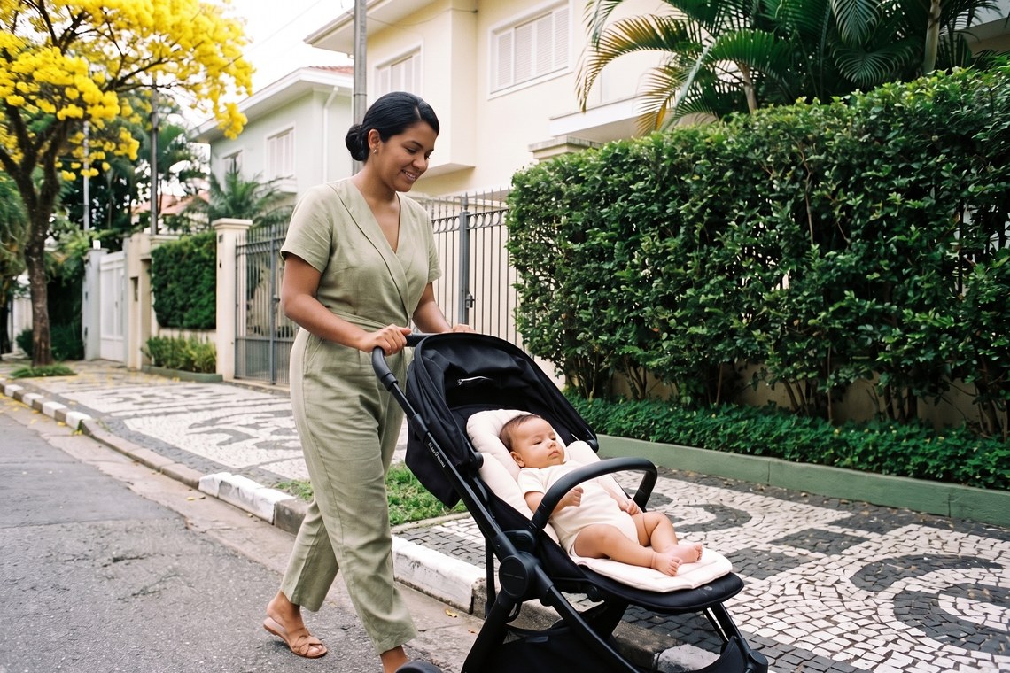 Mãe ajusta o bebê no carrinho usando o redutor para carrinho de bebê durante o passeio