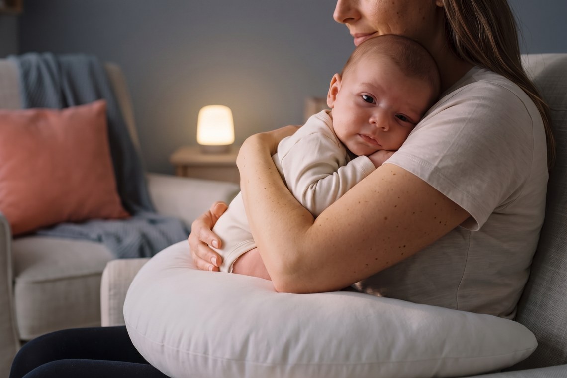 Mãe no colo do bebê antes da rotina de sono com ruído branco