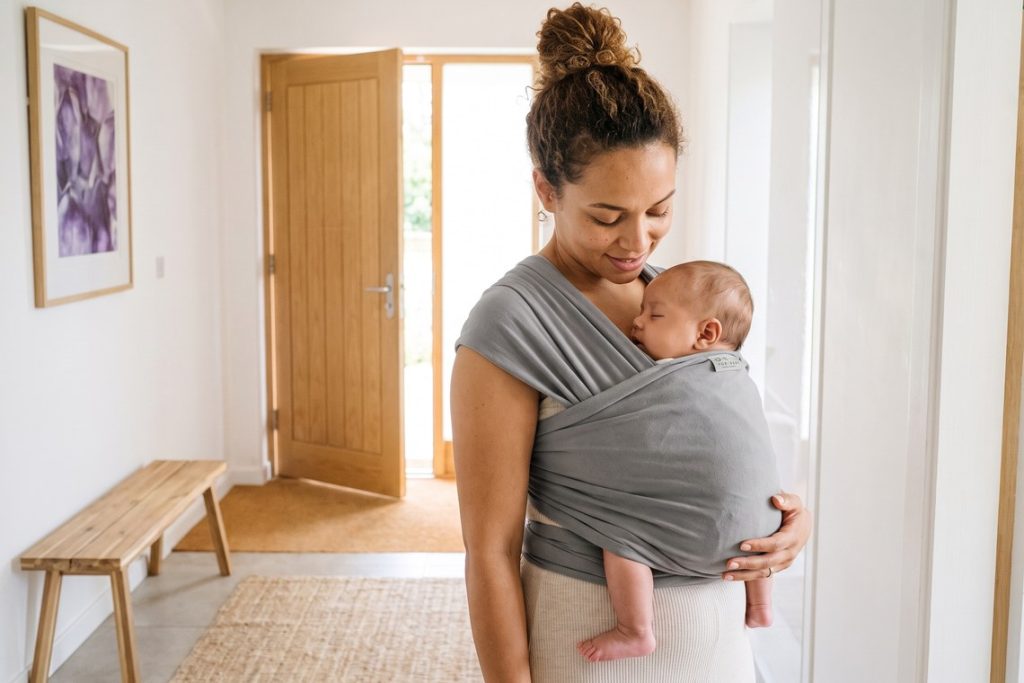Mãe usa o sling para bebê com o rosto do bebê sempre visível