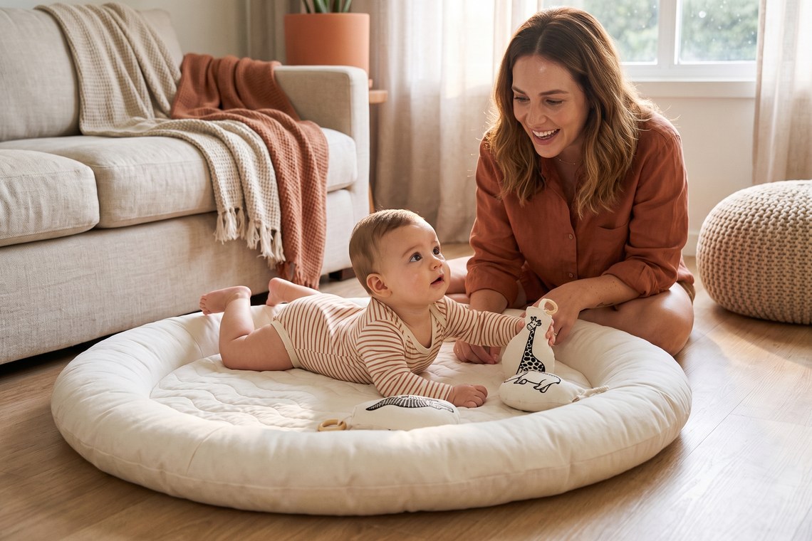 Bebê no tapete de atividades como alternativa segura ao andador