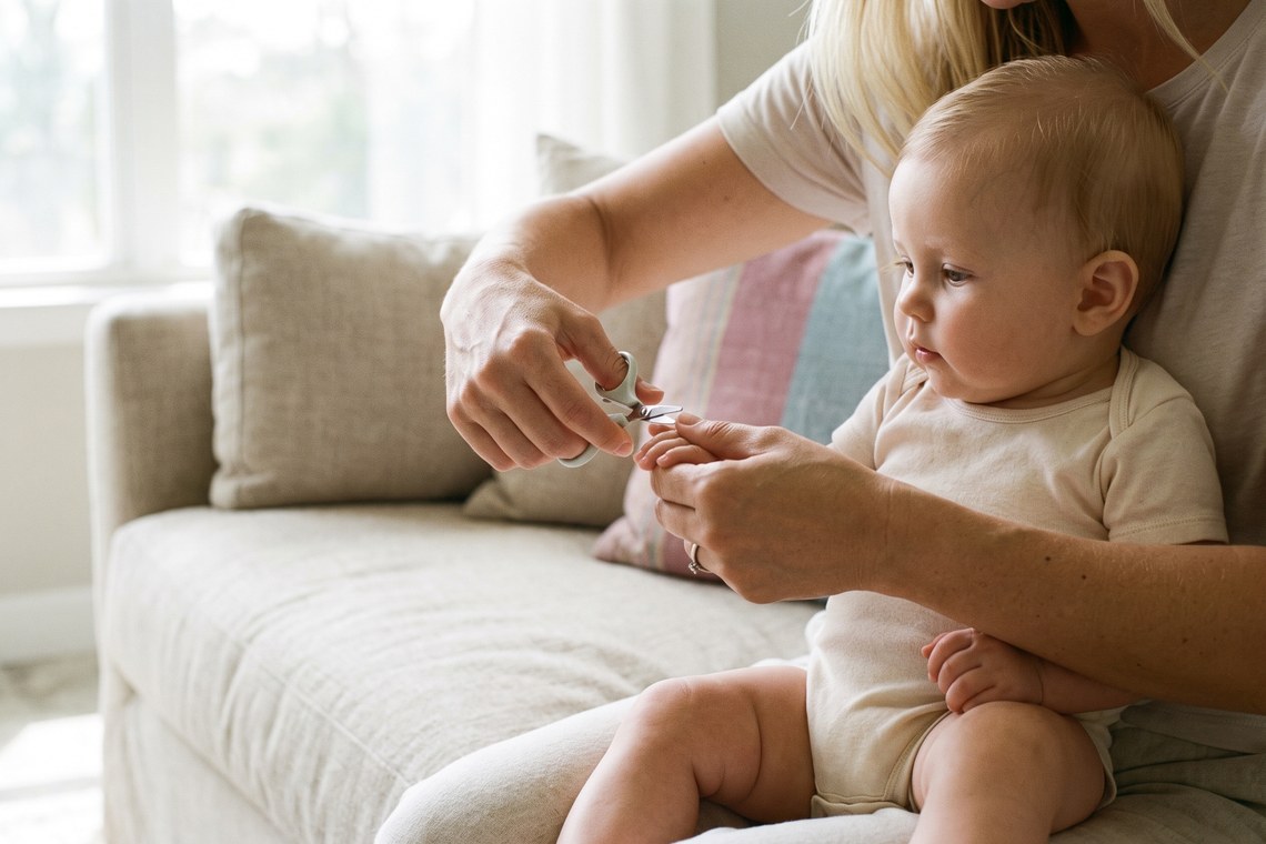 Mãe usa tesourinha de pontas arredondadas no corte de unha do bebê