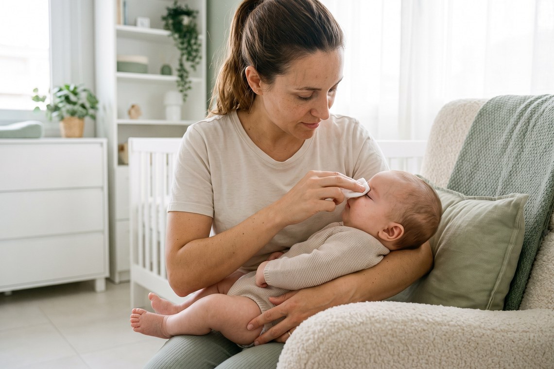 Mãe limpa o cantinho do olho do bebê com algodão no colo