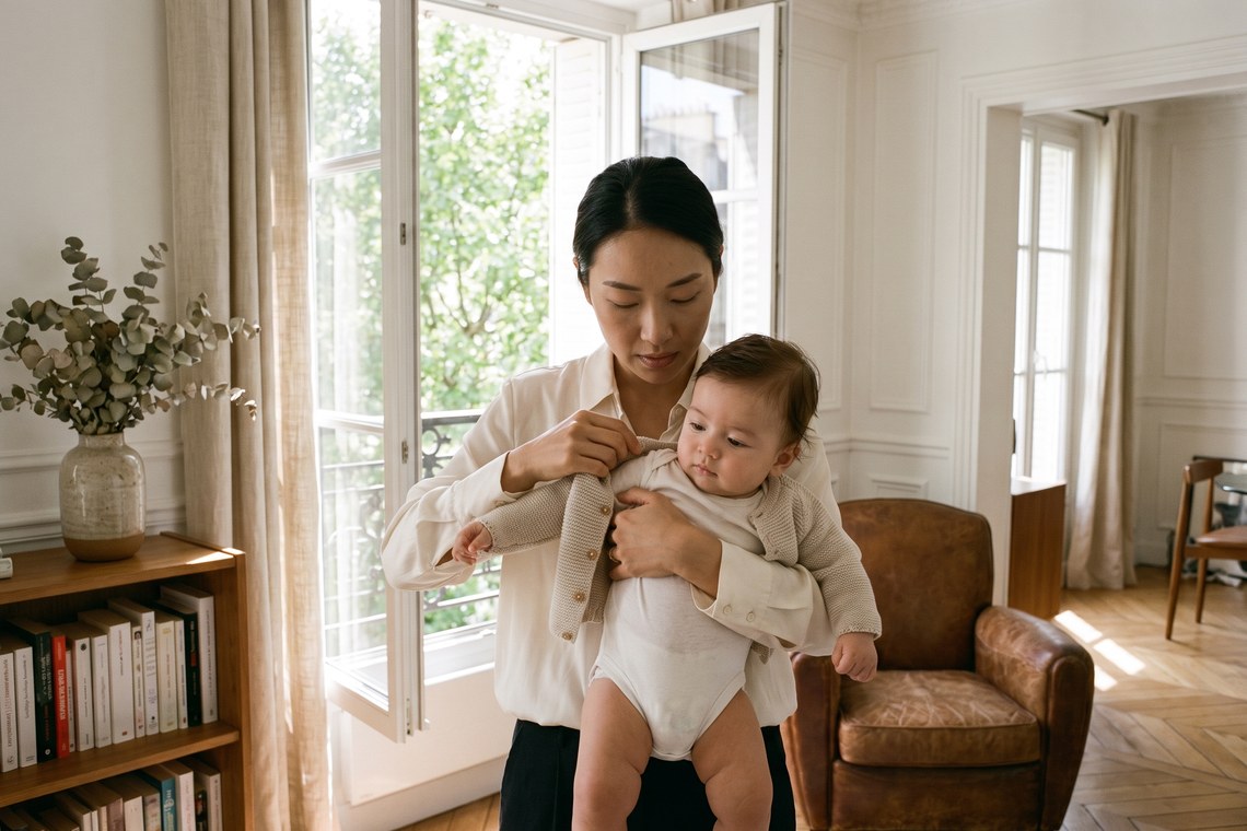 Mãe ajusta a roupa do bebê para deixar o ambiente mais fresco