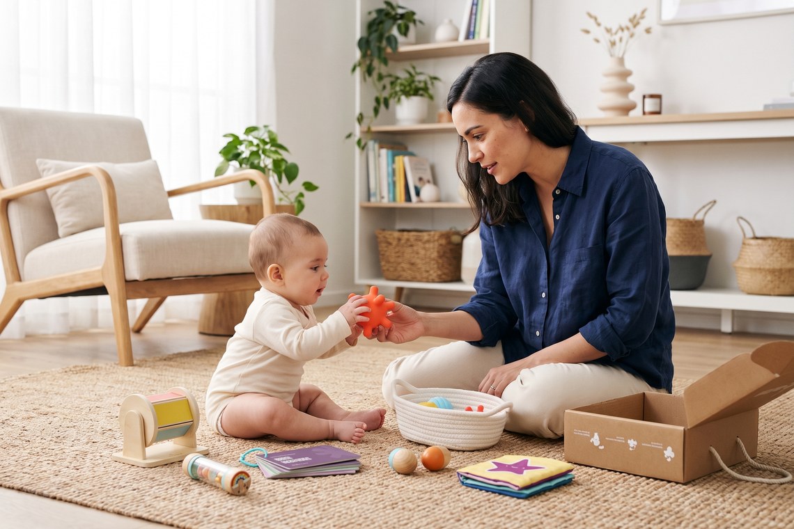 Bebê leva tudo à boca: brinquedos seguros sobre o tapete