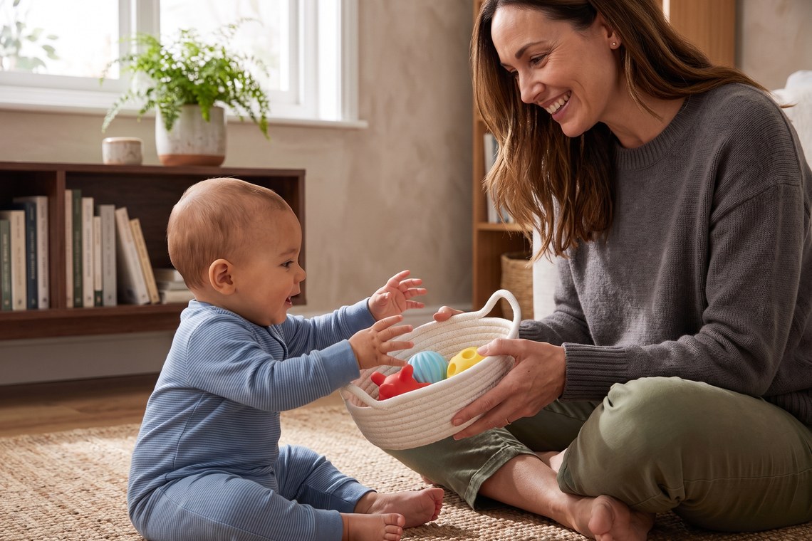 Mãe oferece um brinquedo Montessori ao bebê, que explora com as mãos