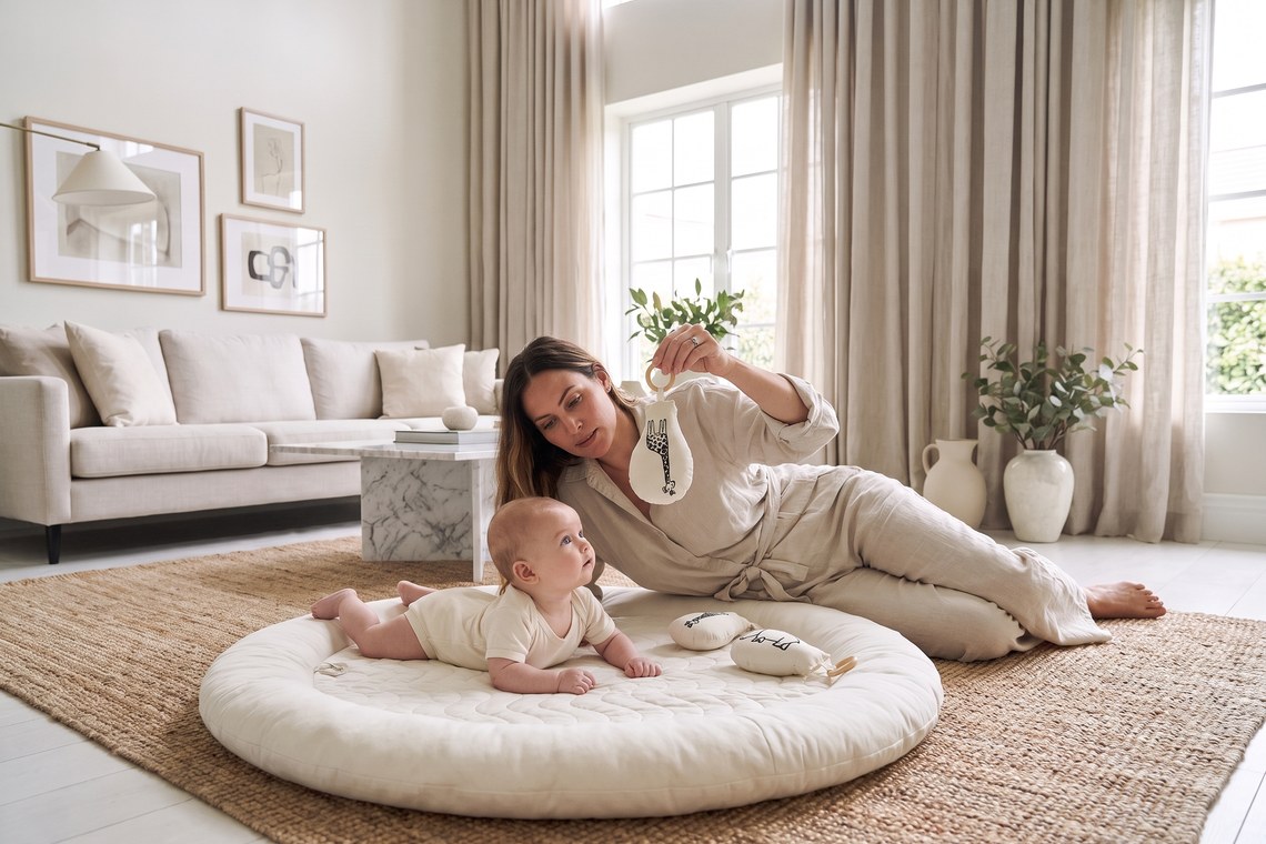 Bebê no tummy time olhando um chocalho de alto contraste com a mãe ao lado